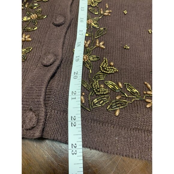 Vintage Victoria Jones Cotton Ramie Bronze Floral Beaded Button-Up Knit Sweater - Picture 6 of 7